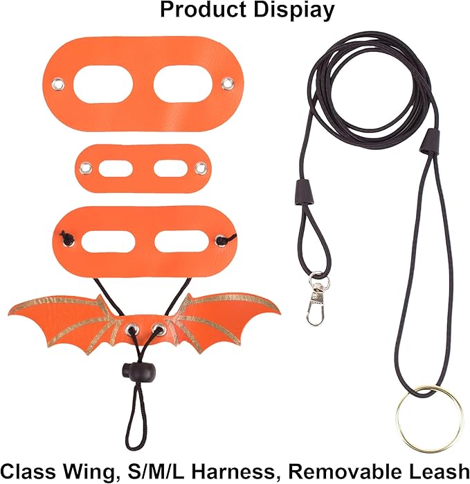 ADOGGYGO Bearded Dragon Leash Harness, 3 Size Pack Orange Leather Wing Lizard harness with Removable Lizard Leash for Bearded Dragon Lizard Reptiles (Orange)