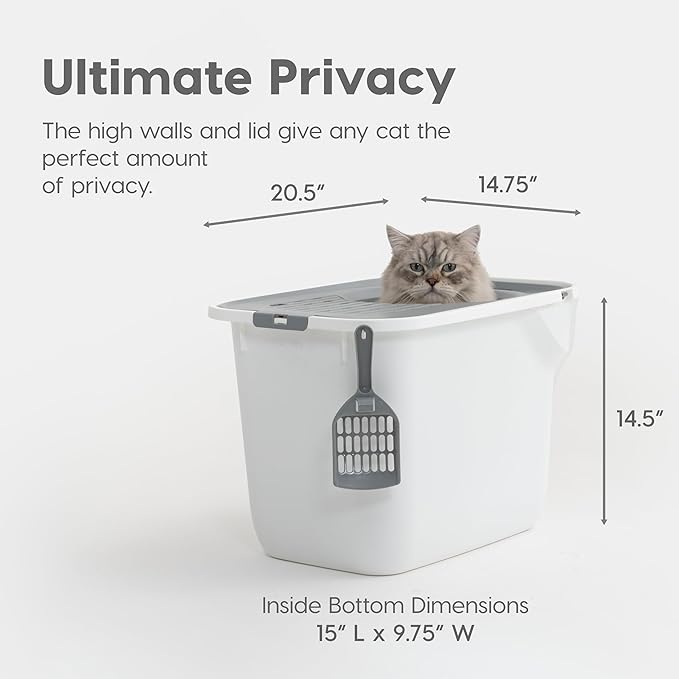 IRIS USA Rectangular Top Entry Cat Litter Box with Scoop, Large Cat Litter Box Enclosure, Kitty Litter Box, White/Gray