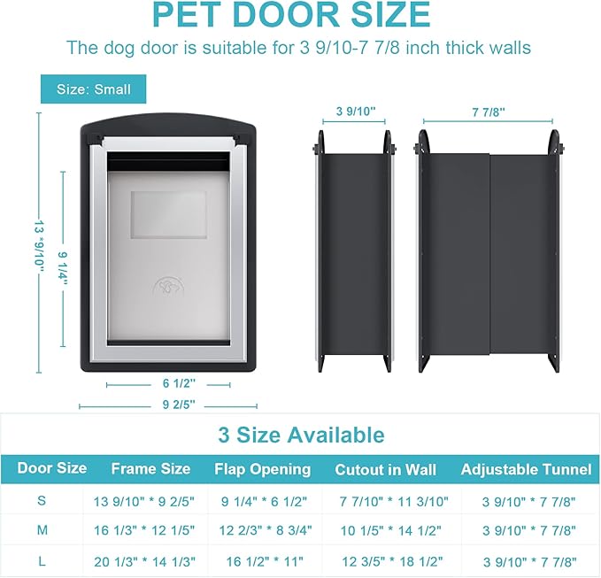 Dog Door for Exterior Wall, Metal Frame and Telescopic Tunnel Pet Door, Double-Sided Wind Deflector and Magnetic Flaps, Easy to Install, Grey (Pets Up to 120 Lb)-Large