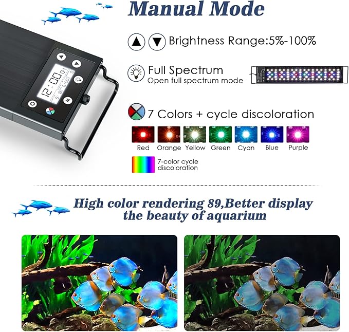 AQQA Aquarium Light,Multi-Function Fish Tank Led Light 24/7 DIY Auto On Off + Night Mode + Day Mode + Full Spectrum + 7 Colors,Adjustable Brightness Waterproof with Timer for Freshwater 12W