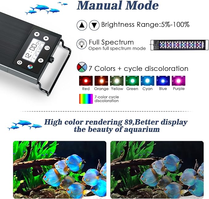 AQQA Aquarium Light,Multi-Function Fish Tank Led Light 24/7 DIY Auto On Off + Night Mode + Day Mode + Full Spectrum + 7 Colors,Adjustable Brightness Waterproof with Timer for Freshwater 16W