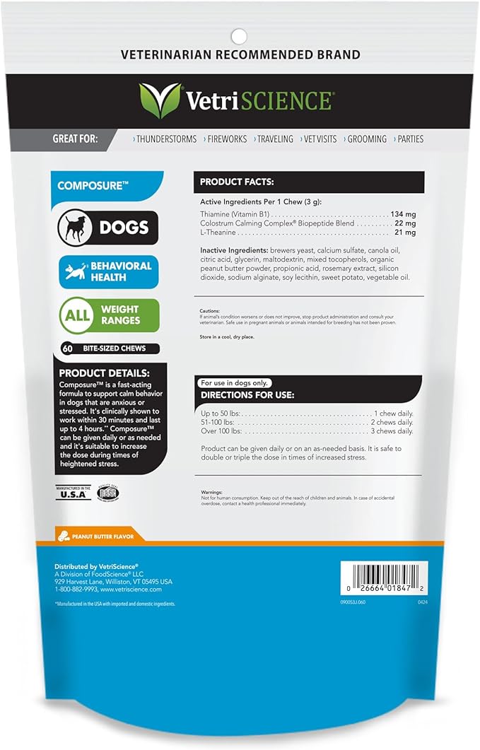 VETRISCIENCE Composure Calming Chews for Dogs - Clinically Proven Dog Anxiety Relief Supplement with Colostrum, L-Theanine & Vitamin B1 for Stress, Storms, Separation & More - 60 Peanut Butter Chews