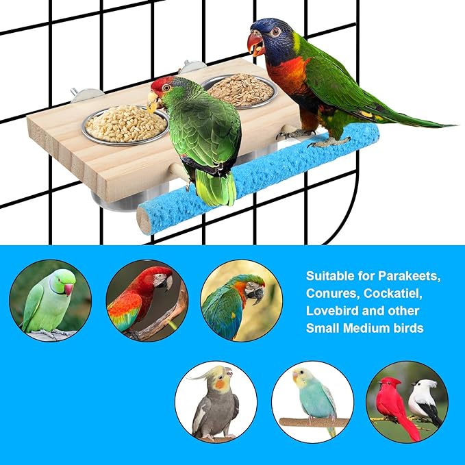 Bird Feeding Dish Cups, Wooden Perch Stand Platform Paw Grinding Toy Feeder, with Clamp Holder Stainless Bird Feeder Birds Food Water Bowls Cage Food Holder Parrot Fruit Vegetable Skewer