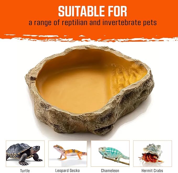 Reptile Water Dish,Resin Reptile Rock Food Feeder Bowl, Water and Food Bowl, Terrarium Decor for Leopard Gecko, Lizard,Spider, Turtle,Scorpion, Chameleon, Hermit Crabs (Small, Yellow)