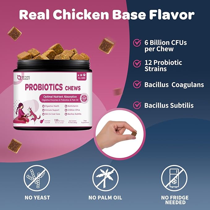 Probiotics for Dogs - Dog Probiotics and Digestive Enzymes for Digestive Health - Plus Fish Oil & Vitamins Supplement for Allergies & Immune & Itchy Skin, 120 Chicken Flavor Probiotic Soft Chews