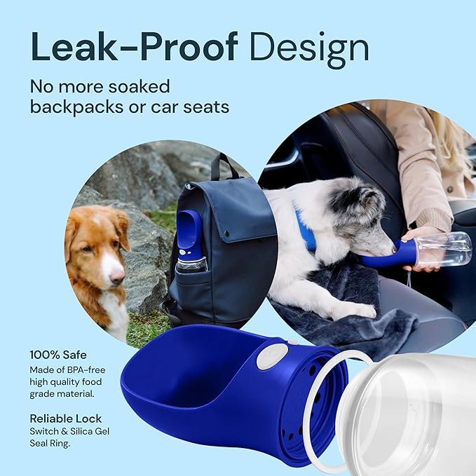 MalsiPree Dog Water Bottle Portable – Leak Proof and Lightweight Water Bottle for Dogs – Dog Travel Water Bottle with Bowl – Dog Walking Accessories (12OZ, Navy Blue)