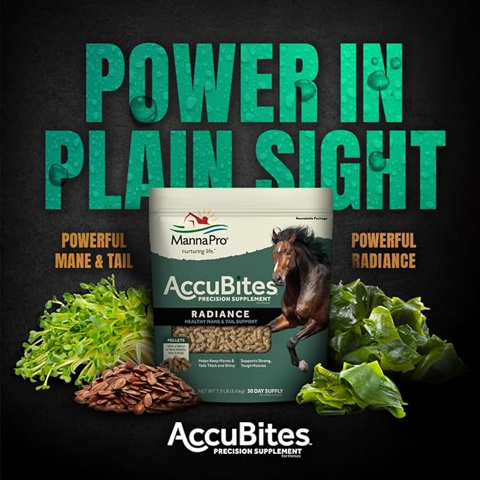 Manna Pro AccuBites Radiance Equine Supplement – Skin & Coat, Essential Vitamins & Hoof Health for Horses – Packed with Omega 3, 6, & Biotin – Main & Tail Maintenance – Alfalfa Flavored – 7.5 lbs