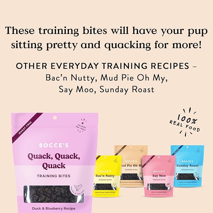 Bocce's Bakery Quack, Quack, Quack Training Treats for Dogs, Wheat-Free Dog Treats, Made with Real Ingredients, Baked in The USA, All-Natural & Low Calorie Training Bites, Duck & Blueberry, 6 oz