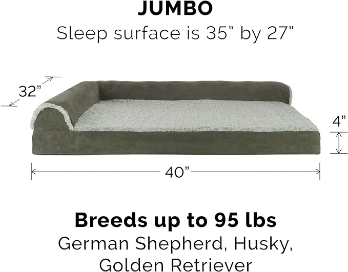 Furhaven Orthopedic Dog Bed for Large Dogs w/ Removable Bolsters & Washable Cover, For Dogs Up to 95 lbs - Two-Tone Plush Faux Fur & Suede L Shaped Chaise - Dark Sage, Jumbo/XL