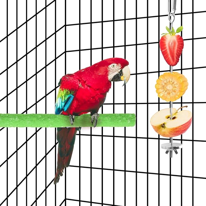 Bird Feeding Dish Cups, Wooden Perch Stand Platform Paw Grinding Toy Feeder, with Clamp Holder Stainless Bird Feeder Birds Food Water Bowls Cage Food Holder Parrot Fruit Vegetable Skewer