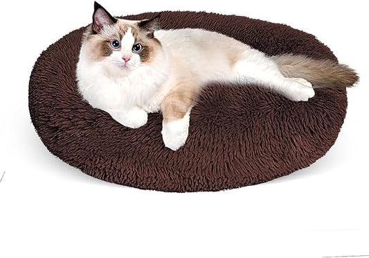 Cat Bed for Indoor Cats,24 Inch Cat Bed & Dog Bed Machine Washable, Fluffy Round Pet Bed Non-Slip, Calming Soft Plush Donut Cuddler Cushion Self Warming for Puppy and Kitten