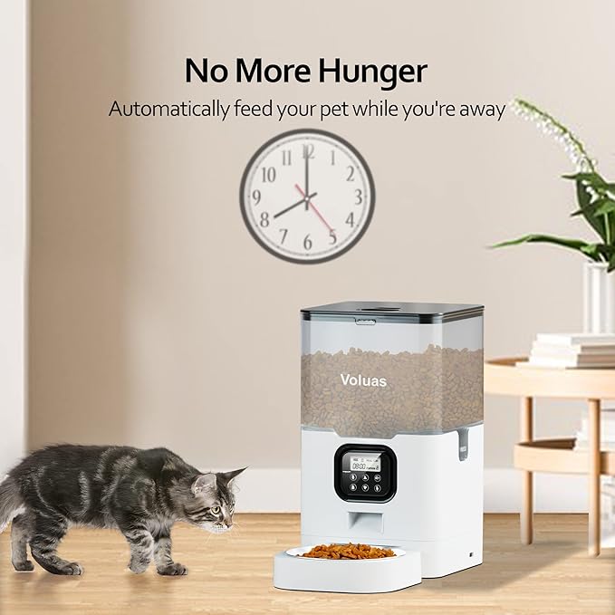 VOLUAS Automatic Cat Feeders - Pet Food Dispenser for Dry Food, Timed Cat Feeder with Desiccant Bag, Programmable Portion Size Control 4 Meals Per Day, 10s Voice Recorder