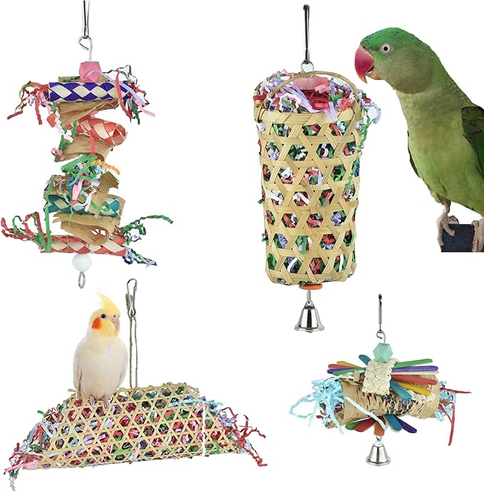 4 Pack Shredder Foraging Feeder Bird Toys Treat Basket for Parrots, Conure Shredding Chewing Paper Hanging Cage Climbing Foot Toys with Bell for Parakeets Cockatiel African Grey