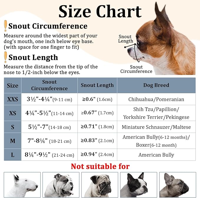 Mayerzon Short Snout Dog Muzzle, Small Muzzle for Chihuahua Shih Tzu American Bully Boxer Puppy, Soft Fabric Muzzles for Grooming Vet Visits, Prevent Biting Chewing Fighting