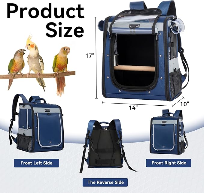 Petsfit Bird Backpack with Anti-Pecking Band, Medium Size with 2 Level Height to Adjust Standing Perch and Shade Cover Blue