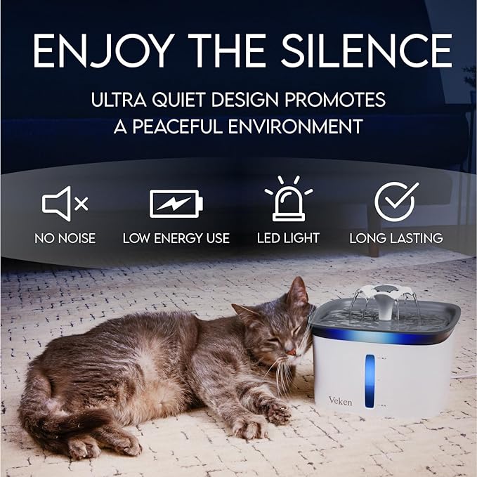 Veken 95oz/2.8L Pet Fountain, Automatic Cat Water Fountain Dog Water Dispenser with Replacement Filters for Cats, Dogs, Multiple Pets (Grey, Plastic)