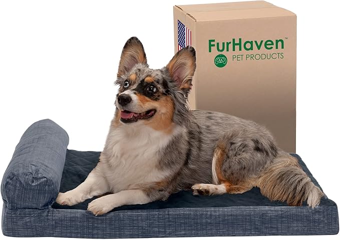Furhaven Memory Foam Dog Bed for Medium/Small Dogs w/ Removable Bolster & Washable Cover, For Dogs Up to 35 lbs - Quilted Fleece & Suede Print Bolster Chaise - Dark Blue, Medium