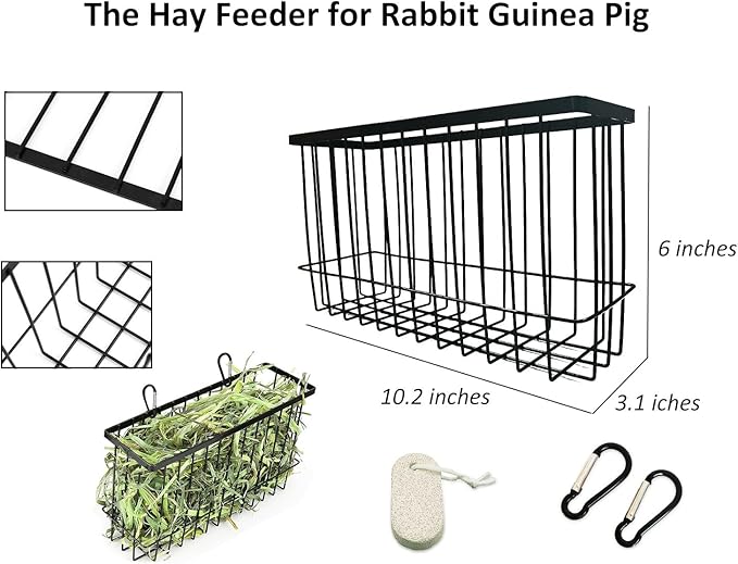 Hay Feeder for Rabbit Guinea Pig Chinchilla Small Animal Bunny Hanging Feeder for Cage Heavy Duty Metal Rack Timothy Veggie Holder (hay feeder*1 + food water cage cup *4 + Pet Teeth Grinding Stone*1)