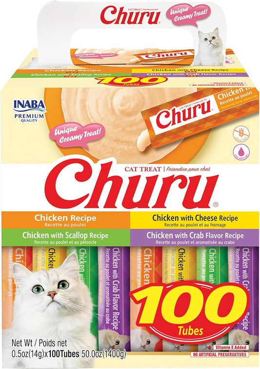 INABA Churu Cat Treats, Lickable, Squeezable Creamy Purée with Vitamin E, 0.5 Ounces per Tube, 100 Tubes Total, Chicken Variety