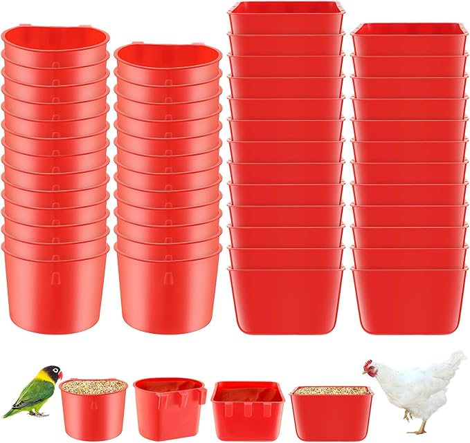 50 Pcs 4.9 x 3.7 x 2.4'' Cage Cups Chicken Feeders 3.2 x 3.2 x 2.4'' Cage Cups Birds Feeders Hanging Chicken Water Cups Seed Bowl Coop Cups for Parrot Poultry Pigeon Feeding Watering, Red