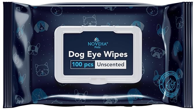 NOVEHA 100 Dog Eye Wipes - Plant-Based Eye Wipes for Dogs - Formulated to Remove Eye Debris, Tear Stains & Eye Discharge - Safe, Convenient, and Large Unscented Wipes - (100 Count)