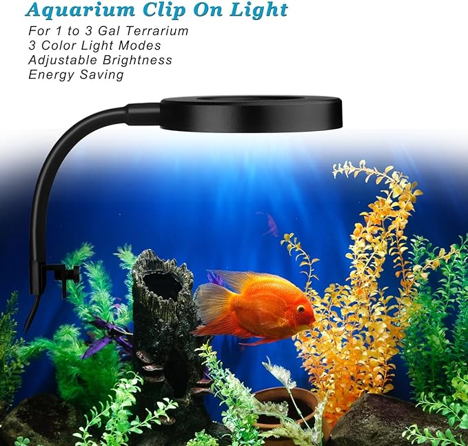 Clip On Aquarium Light with Timer for 1 to 3 Gal Fish Tank (Dimmable White+Blue+Red LED) USB Moving Lamp for Open Terrarium (Adapter NOT Included)