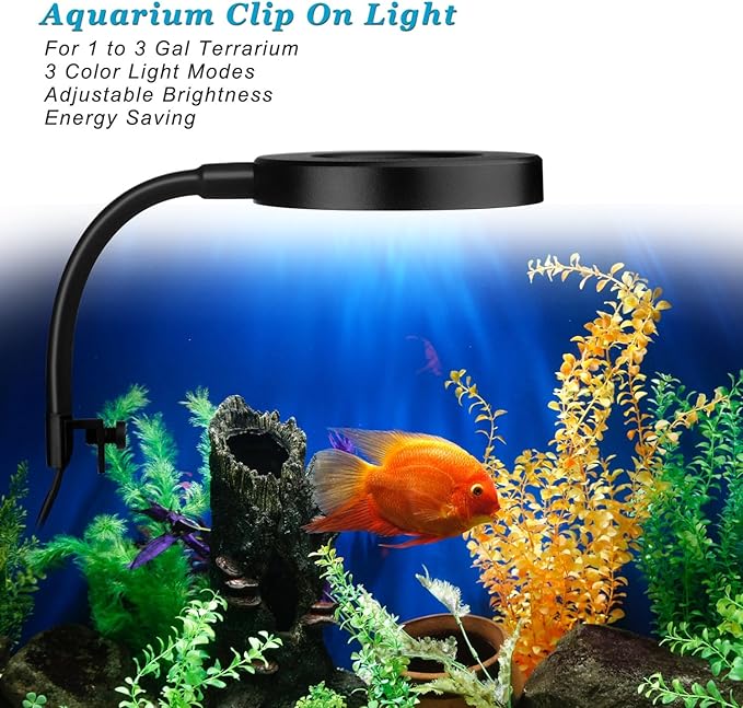 Clip On Aquarium Light for 1 to 3 Gal Fish Tank (Dimmable White+Blue+Red LED) USB Moving Lamp for Open Terrarium (Adapter NOT Included)