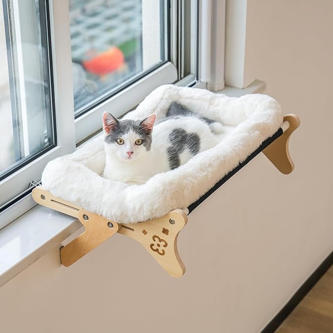 Cat Window Perch Cat Window Hammock Seat for Indoor Cats Sturdy Adjustable Sturdy Steady Cat Bed Providing All-Around Sunbath Space Saving Washable Holds Up to 40 lbs (2 in 1 Beige Nesting Cushion)