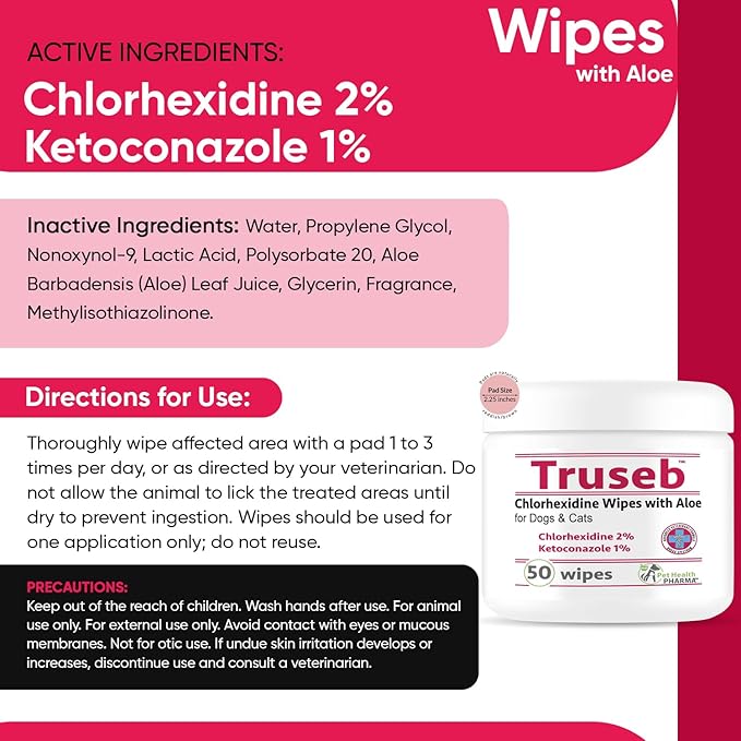 Truseb Topical for Dogs, Cats and Horses - with Aloe for Cleansing (Ketoconazole & Chlorhexidine Wipes, 100 count)