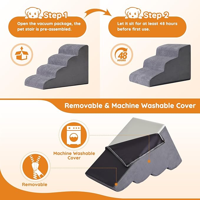 Dog Steps for Bed, Dog Stairs for Small Dogs, 4-Step Dog Ramp for Bed, Couch, Sofa, and Chairs, Non-Slip Bottom Design, Cat Scratching, High Density Foam Portable Pet Step, Indoor, Grey