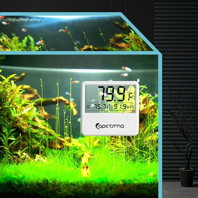 Digital Aquarium Thermometer, capetsma Fish Tank Thermometer Records The Highest & Lowest Temp in 24 hrs, Accurate Temperature Gauge for Fish Tank, Large LCD Screen, C/F Switch.