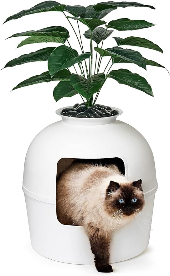 Secret Litter Box by Bundle & Bliss - Hidden Litter Box Enclosure, Patented Design with Odor Control, includes Faux Plant, Carbon Filter and Real Stones