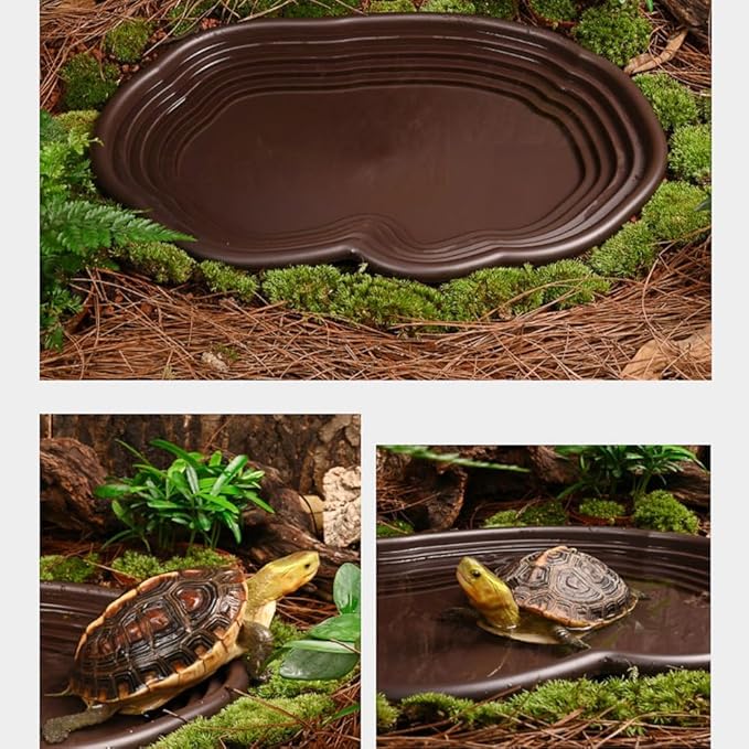 Flushbay Reptile Feeding Water Bowl with Drainage Turtle Water Dish Large Reptile Bathing Dish Pool for Lizard Bearded Dragon Hermit Crabs Semi-Aquatic Pets (Black)