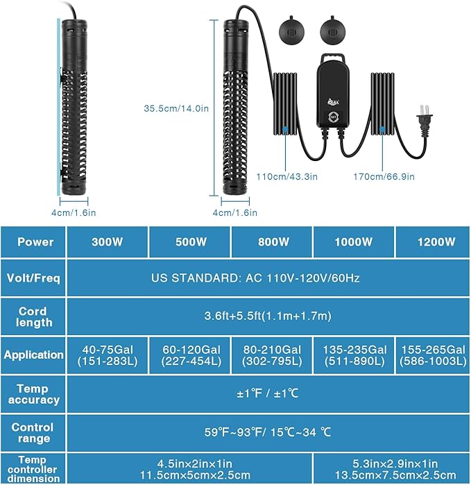 AQQA Aquarium Heater,300W 500W 800W 1000W 1200W Fish Tank Heater,59℉-93℉ Submersible Intelligence Aquarium Heater with Over-Temperature Dry Burning Protection (800W(for 80-210 Gallon))