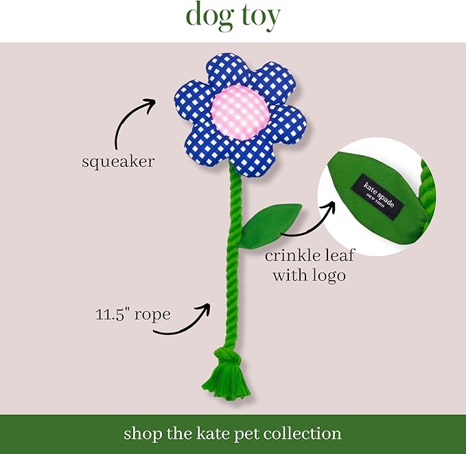 Kate Spade New York Dog Toy Rope with Squeaker and Crinkle Material, Gingham Flower Tug Toy, Cute Dog Toy with Soft Durable Fabric, Pet Toy for Small Medium Large Breeds, Flower