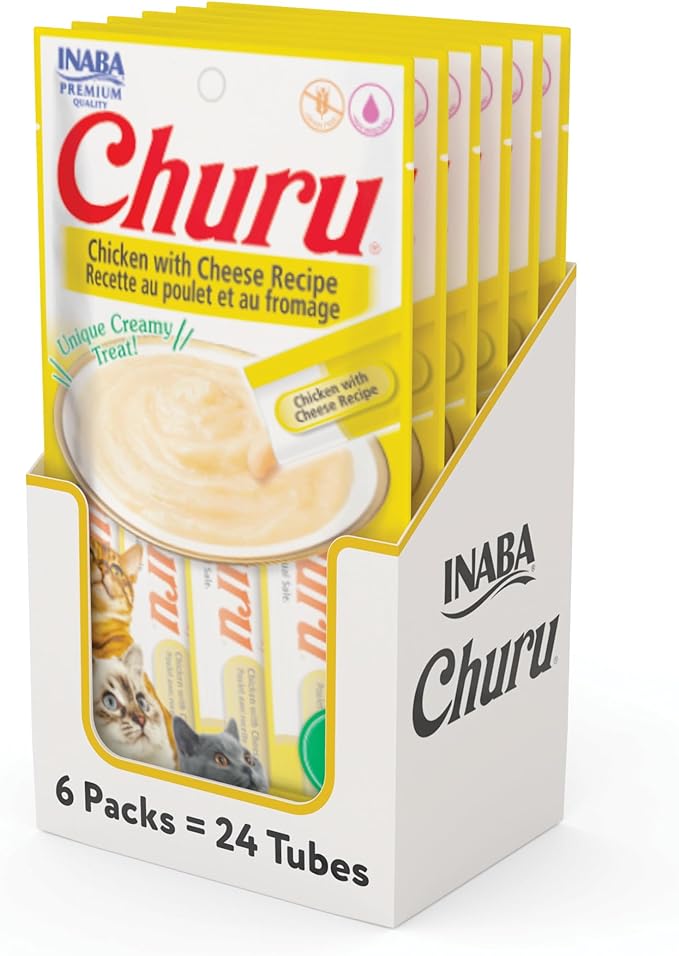 INABA Churu Cat Treats, Grain-Free, Lickable, Squeezable Creamy Purée Cat Treat/Topper with Vitamin E & Taurine, 0.5 Ounces Each Tube, 24 Tubes (4 per Pack), Chicken with Cheese Recipe