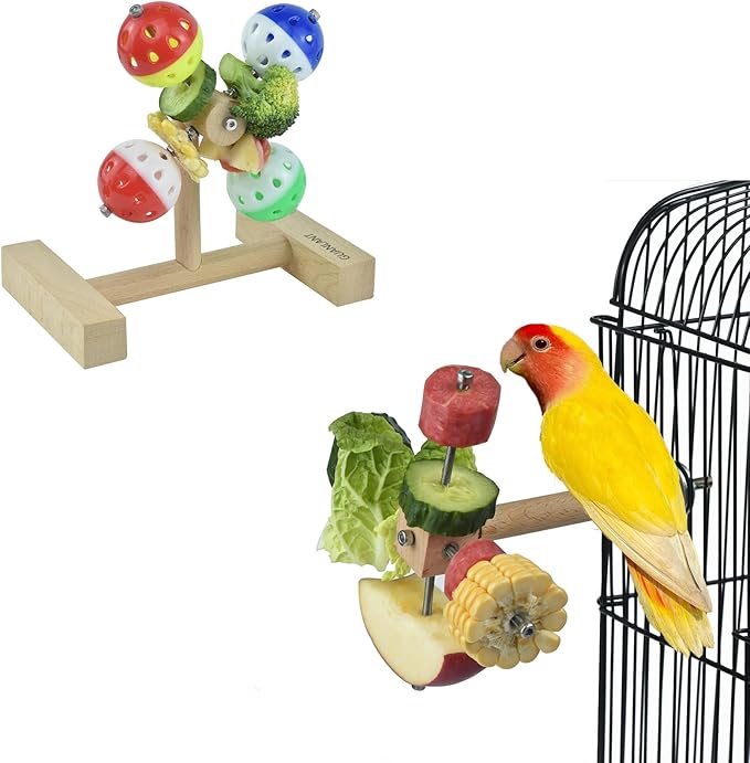 2pcs Bird Cage Perch Toys with Rotating Foraging Bell Balls,Parakeets Feeder Stand Parrot Treat Food Holder,Creative Spinner Toy for Budgies, Cockatiels,Parrotlets,Lovebirds,Ringnecs, Conures