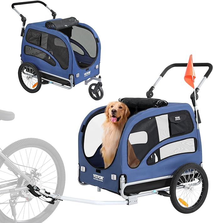 VEVOR Dog Bike Trailer, Supports up to 66/88/100 lbs, 2-in-1 Pet Stroller Cart Bicycle Carrier, Easy Folding Cart Frame with Quick Release Wheels, Universal Bicycle Coupler, Reflectors, Flag