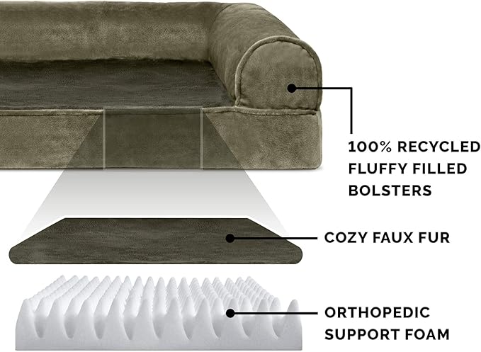 Furhaven Orthopedic Dog Bed for Medium/Small Dogs w/ Removable Bolsters & Washable Cover, For Dogs Up to 35 lbs - Faux Fur & Velvet Sofa - Dark Sage, Medium