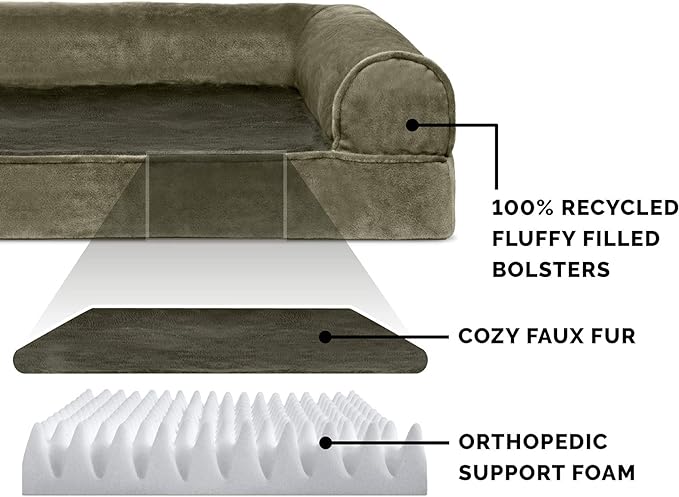 Furhaven Orthopedic Dog Bed for Large/Medium Dogs w/ Removable Bolsters & Washable Cover, For Dogs Up to 55 lbs - Faux Fur & Velvet Sofa - Dark Sage, Large