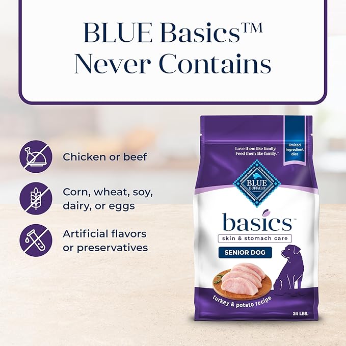 Blue Buffalo Basics Grain-Free Senior Dry Dog Food, Skin & Stomach Care, Limited Ingredient Diet, Turkey Recipe, 24-lb. Bag