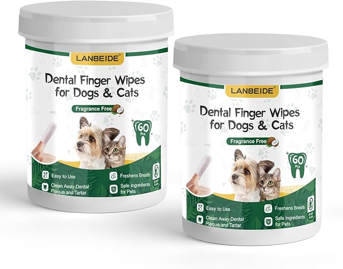 LANBEIDE Teeth Cleaning Wipes for Dogs & Cats 120 Counts, Pet Dental Care Finger Wipes for Reducing Plaque & Tartar, Breath Freshener Dental and Gum Care Finger Pet Wipes, No Hard Toothbrush