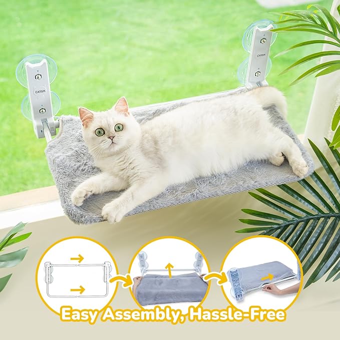 Foldable Cat Window Perch, Cordless Cat Hammock Window with 4 Strong Suction Cups, Cat Beds for Indoor Cats, Solid Metal Frame Holds 44lbs, Reversible Cover, 20.4L'' x 11.8W'', Grey