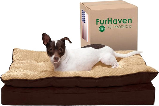 Furhaven Orthopedic Dog Bed for Medium/Small Dogs w/ Pillow Cushion Top & Removable Washable Cover, For Dogs Up to 35 lbs - Minky Plush & Suede Pillow Top Mattress - French Roast, Medium