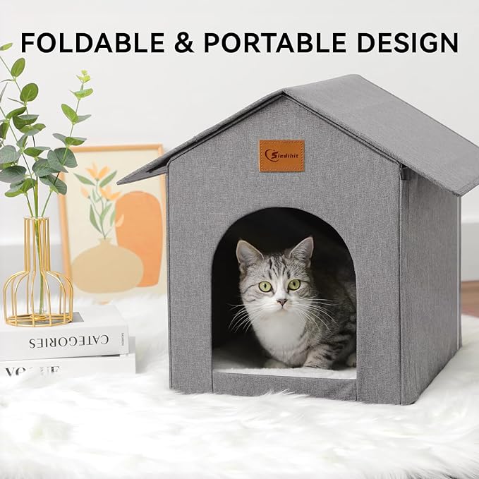 Outdoor Cat House, Outdoor Cat Shelter Feral Cat, Outside Waterproof Cat House for Outdoor/Indoor Cats, Insulated Cat House for Winter with Cozy Cushion, Easy to Assemble, Grey