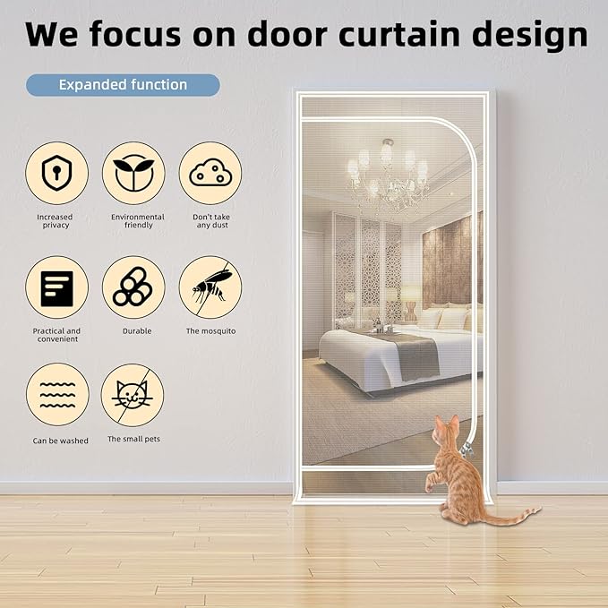 Reinforced Cat Screen Door,Fits Door Size 40''x 83'',Thickened Cat Resistant Mesh Screen Door for Living Room,Kitchen,Bedroom,Cat Introduction Screen with Zipper Closure.