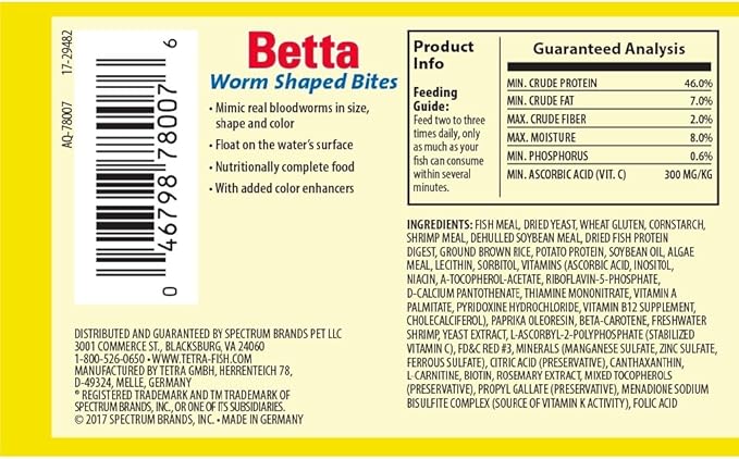 Tetra BettaMin Worm Shaped Bites 0.98 Ounce, Complete Diet For Bettas