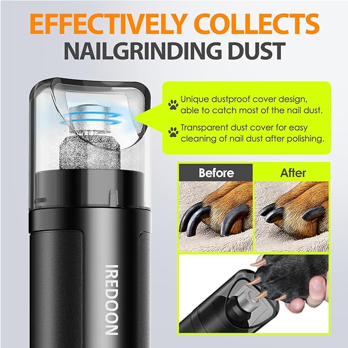 Dog Nail Grinder Upgraded - Professional 3-Speed Super Quiet and Low Vibration Electric Pet Nail Grinder with 4 LED Lights - Painless Paws Grooming & Smoothing for Small to Large Dogs (Black)