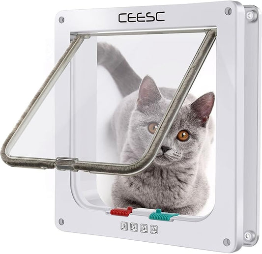 CEESC Cat Flap Door Magnetic Pet Door with 4 Way Lock for Cats, Kitties and Kittens, 2 Sizes and 2 Colors Options (L- Inner size: 7.08"(W) x 7.48"(H), White)