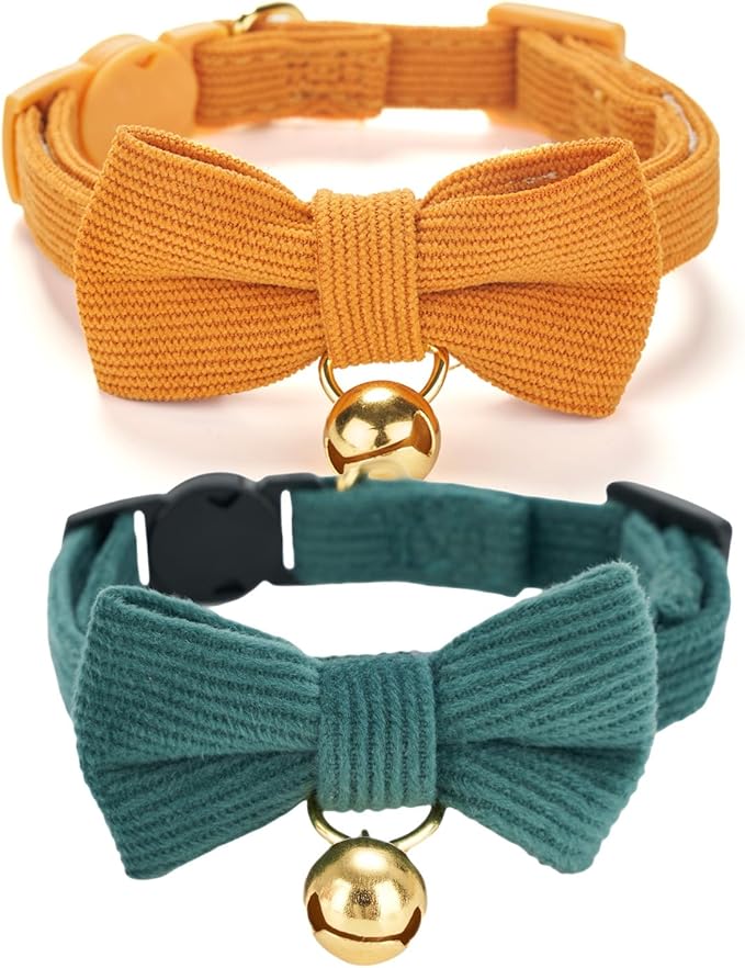 2 Pack Soft Corduroy Cat Collars with Bow Tie & Bell, Adjustable Breakaway Cotton Kitty Bowtie Collar for Girl Boy Kitten (Orange & Green)